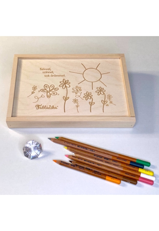 Gravírozott fa díszdoboz virágos-napos grafikával Midi Táblácskához